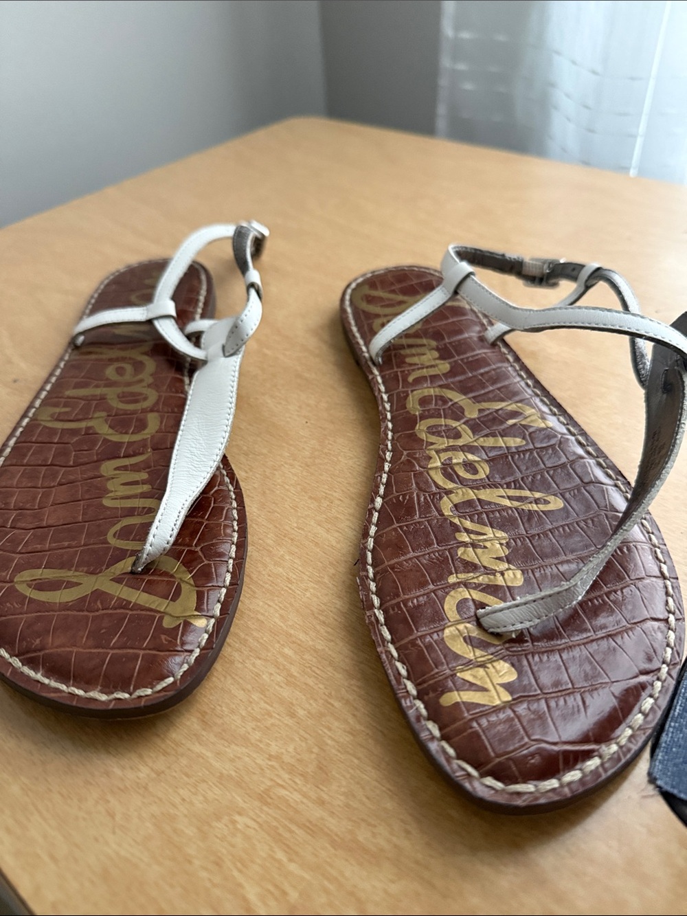 Sam Edelman White Leather T-Strap Sandals with Brown Footbed